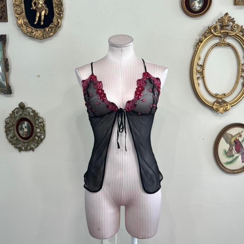 vintage lingerie Intimo Black Mesh Pink Floral Tie Front Camisole Size 3